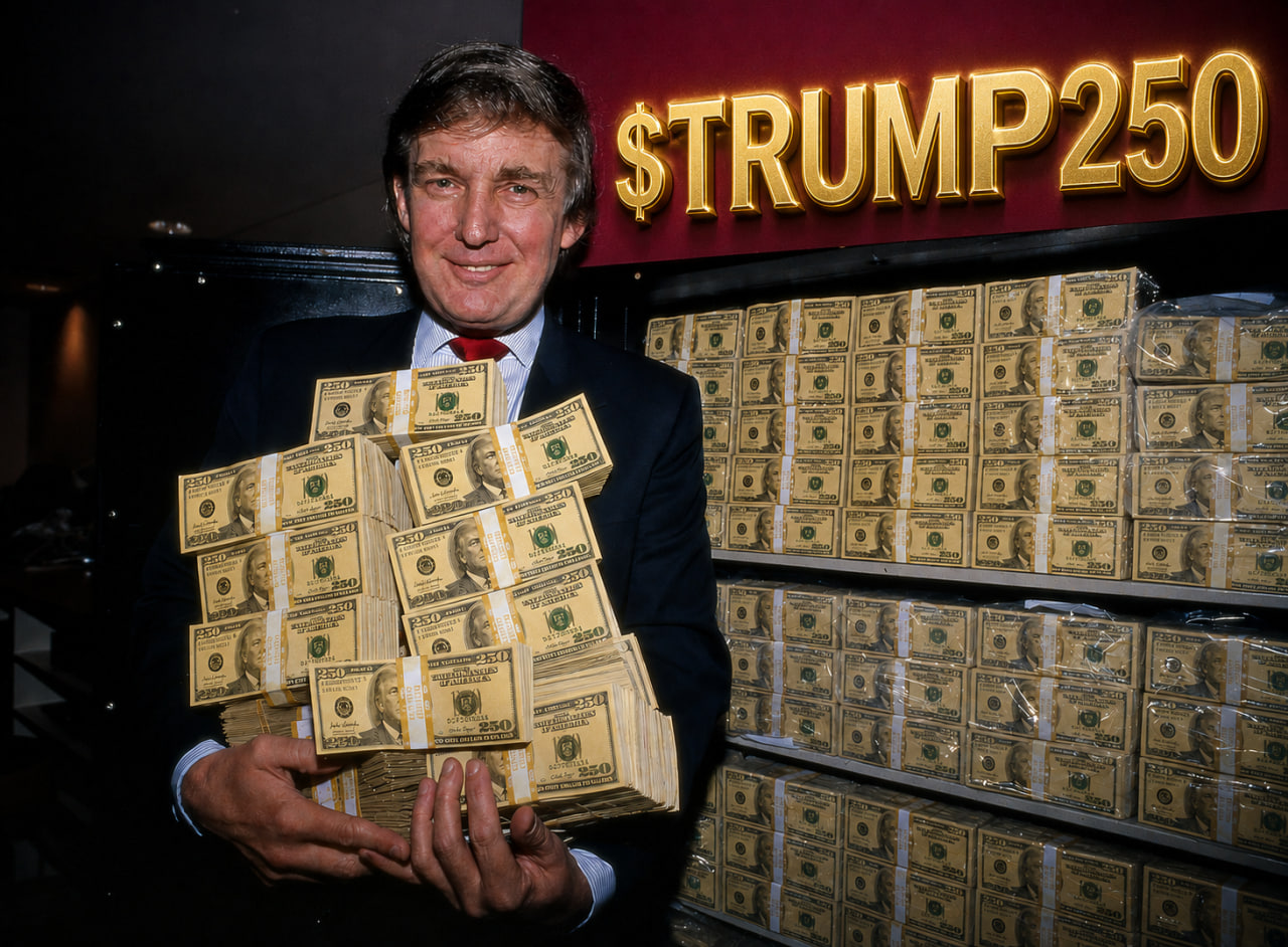 Stacks of golden $TRUMP250 bills under the $TRUMP250 sign